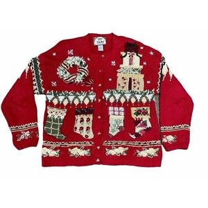 Tiara International Vintage Y2K Wreath‎ Snowman Gifts Cardigan Ugly Sweater M